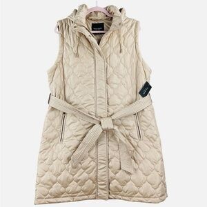 Kate Spade New York Long Vest Women’s L Size Soft Clay Puffer Tie Quilted Hooded